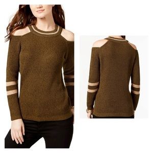 I-N-C‎ Womens Metallic Striped Cold Shoulder Pullover Sweater Size Large